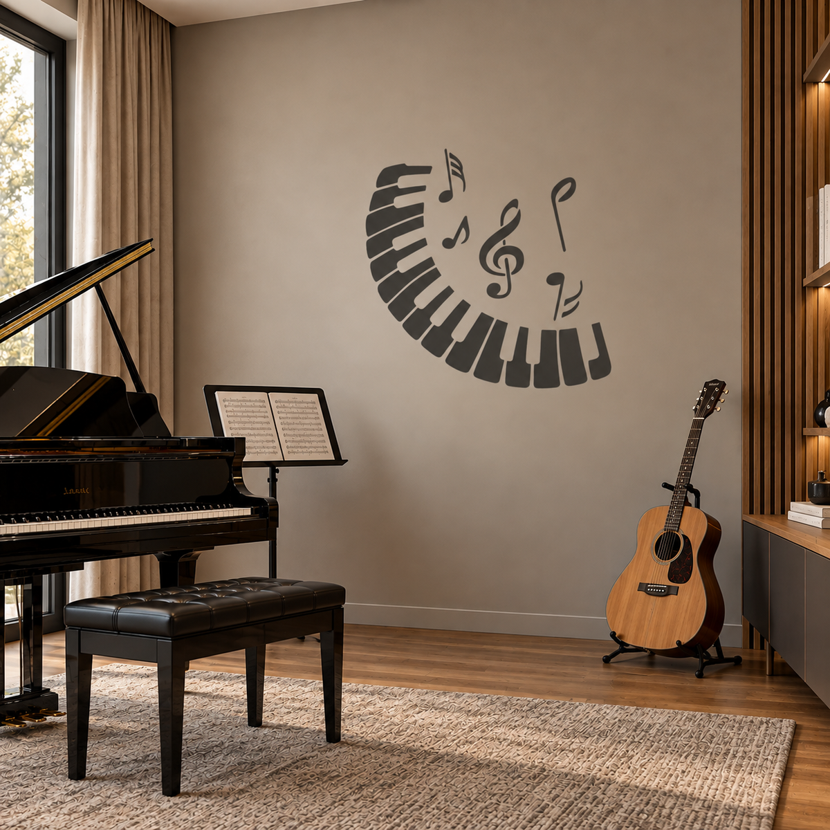 Charcoal gray piano keyboard and treble clef wall stencil in a modern music room with a grand piano and acoustic guitar.