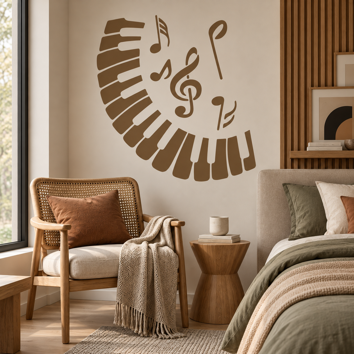 Piano keys and musical notes wall stencil in warm brown above a cozy bedroom reading corner with a rattan chair.