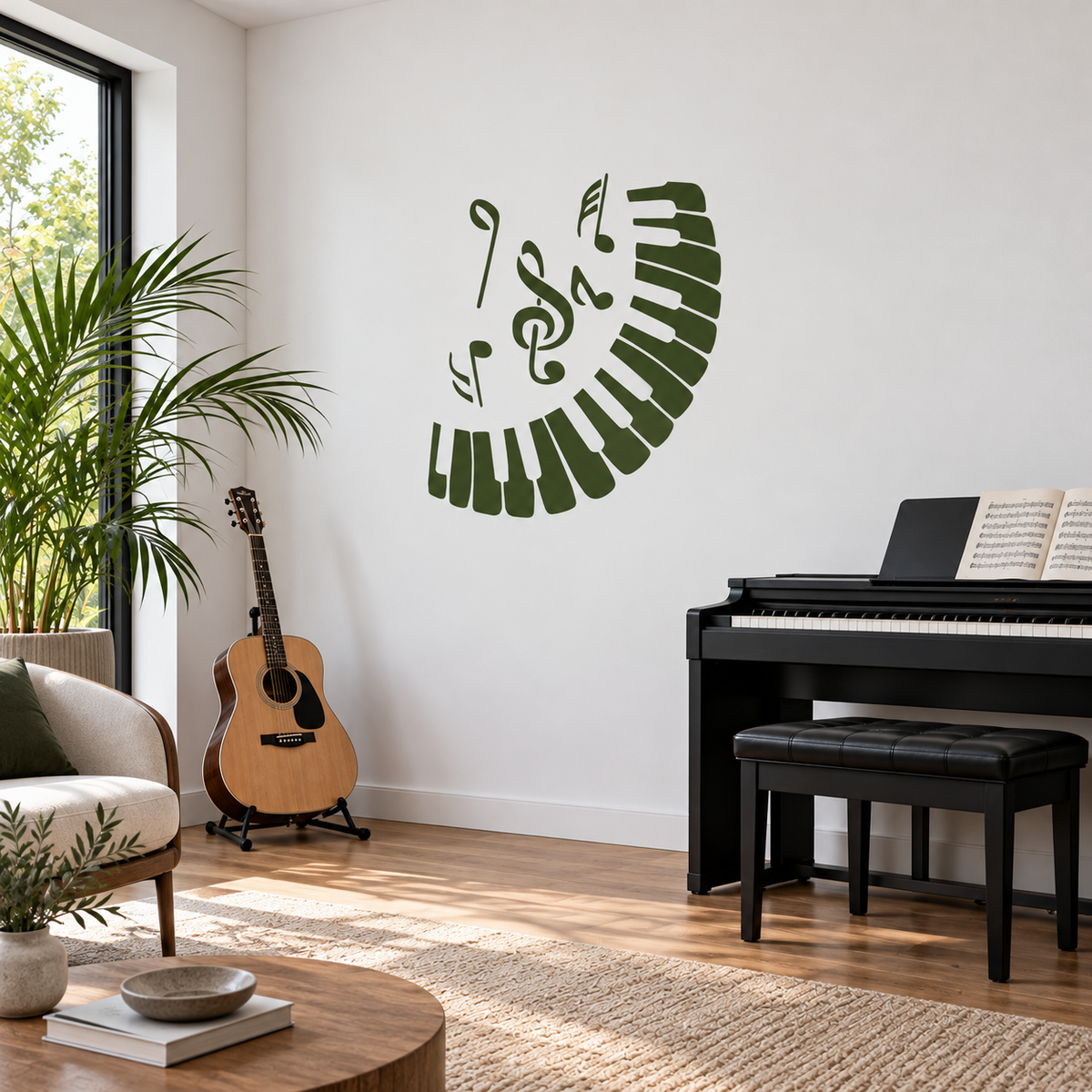 Olive green piano keys and musical notes wall stencil in a bright home music practice room with a digital piano and acoustic guitar.