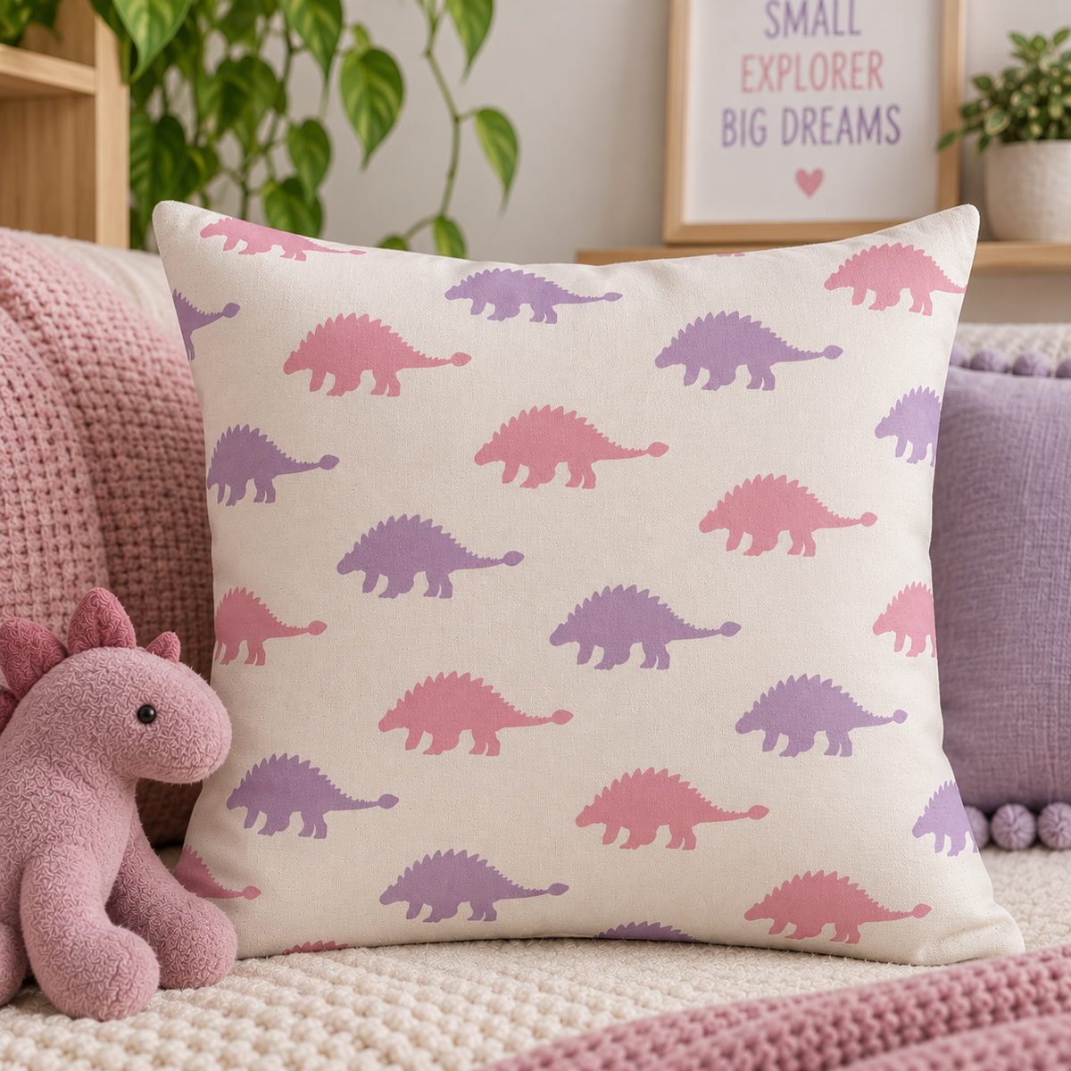 Pink and purple Ankylosaurus stencil pattern on a decorative pillow in a kids room