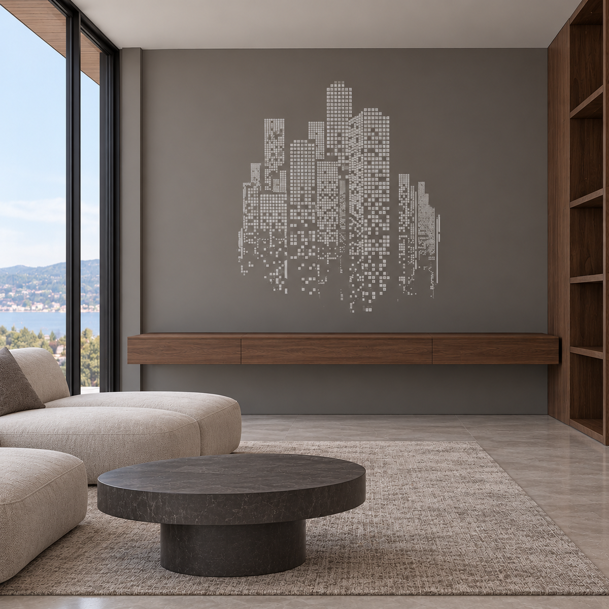 White pixel-style city skyline wall stencil on a warm gray wall in a minimalist living room with a dark stone coffee table.