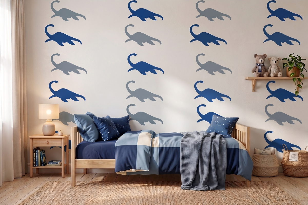 Blue and gray plesiosaurus dinosaur wall stencil pattern in a modern boys bedroom with navy bedding, wooden furniture, teddy bears, and coastal-inspired dinosaur nursery decor.
