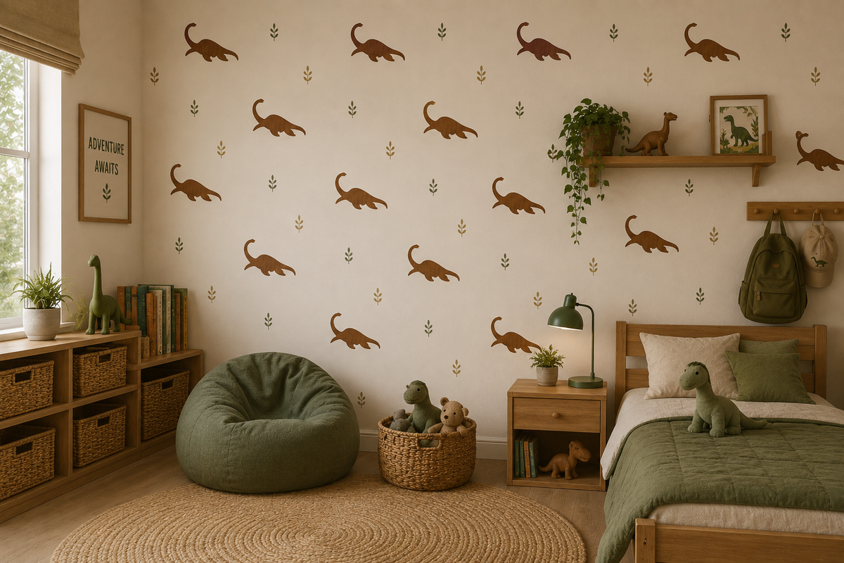Earth-tone plesiosaurus dinosaur wall stencil pattern in a cozy kids bedroom featuring olive green bedding, wooden furniture, woven storage baskets, and nature-inspired dinosaur nursery decor.
