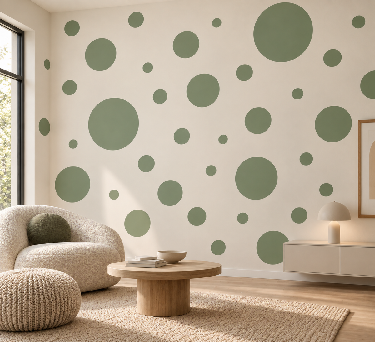Large and small sage green circle wall stencils painted across a warm neutral living room wall, creating a modern minimalist polka dot feature wall.
