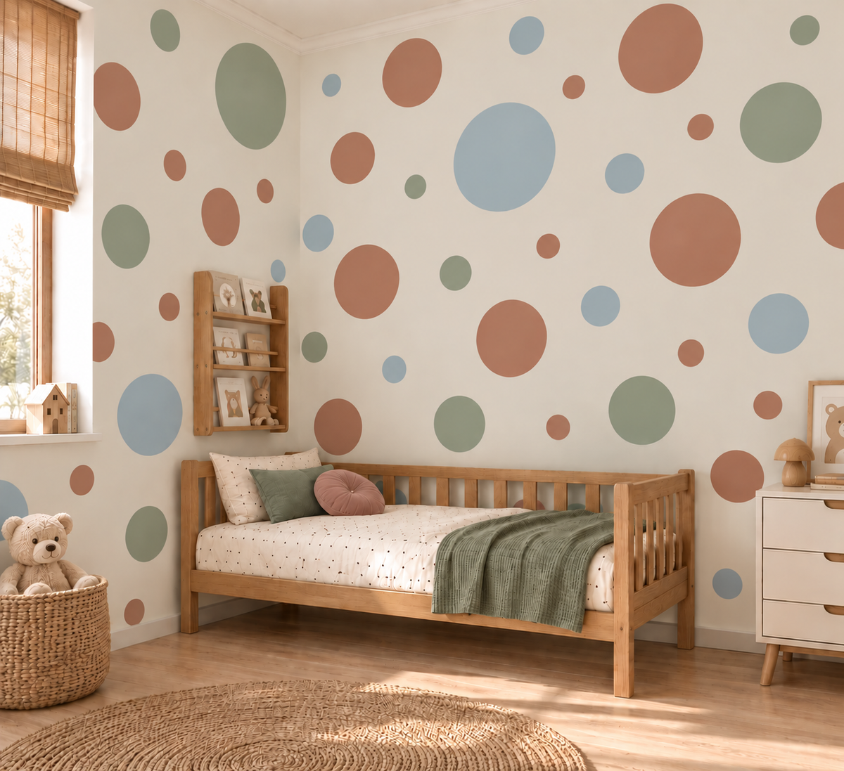 Large and small circle wall stencils painted in terracotta, sage green and soft blue across a cozy kids bedroom, creating a playful modern polka dot wall pattern.