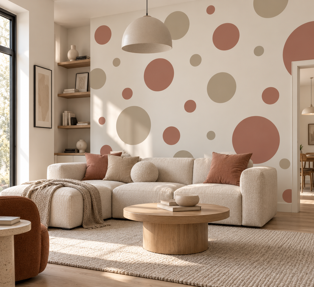 Large and small circle wall stencils painted in warm terracotta and beige tones on a modern living room feature wall, creating a minimalist polka dot pattern.