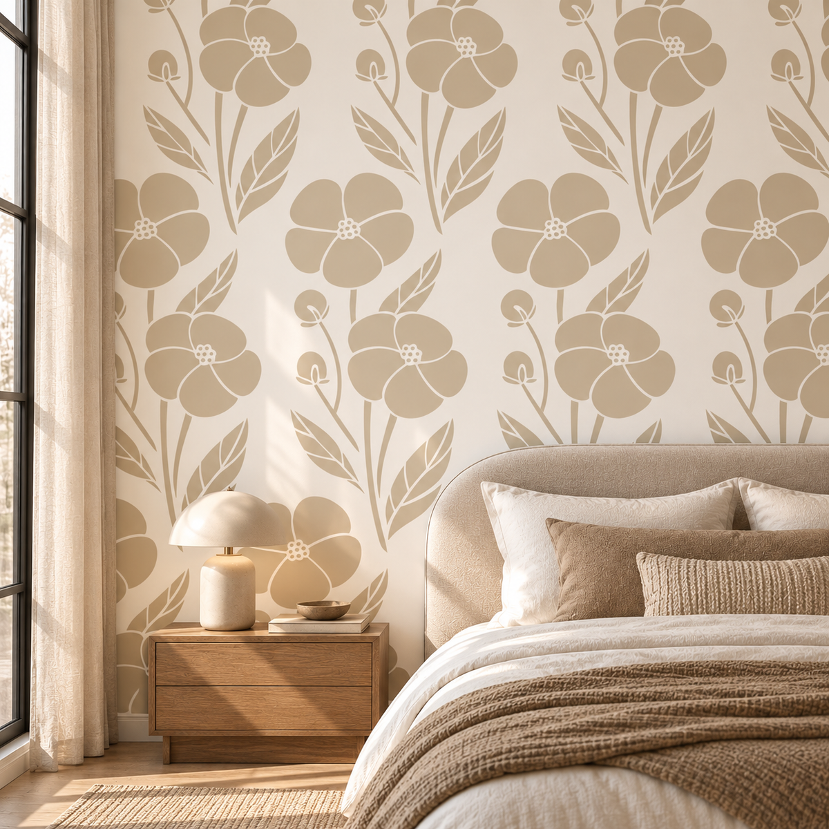 Poppy Flower Stencil in warm beige repeated across a cream accent wall in a cozy modern bedroom.