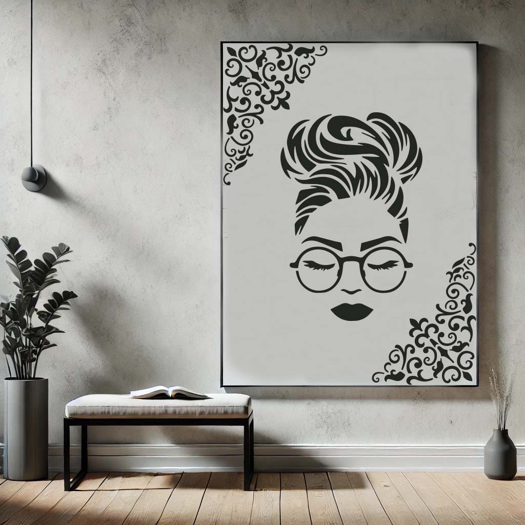 Large framed stencil artwork of a stylized woman’s face with glasses and decorative corner flourishes displayed in a contemporary interior.