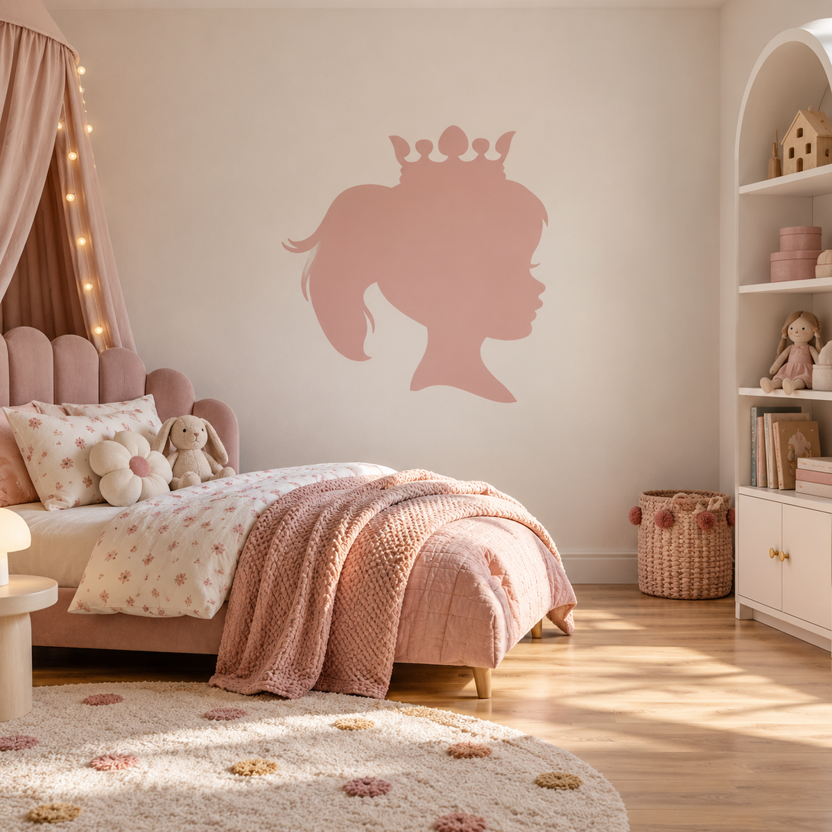 Dusty pink princess silhouette wall stencil in a cozy girls bedroom.