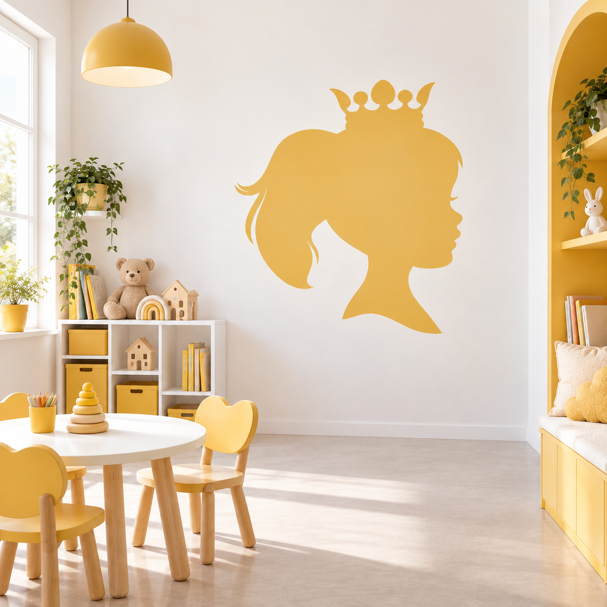 Mustard yellow princess silhouette wall stencil in a bright kids playroom.