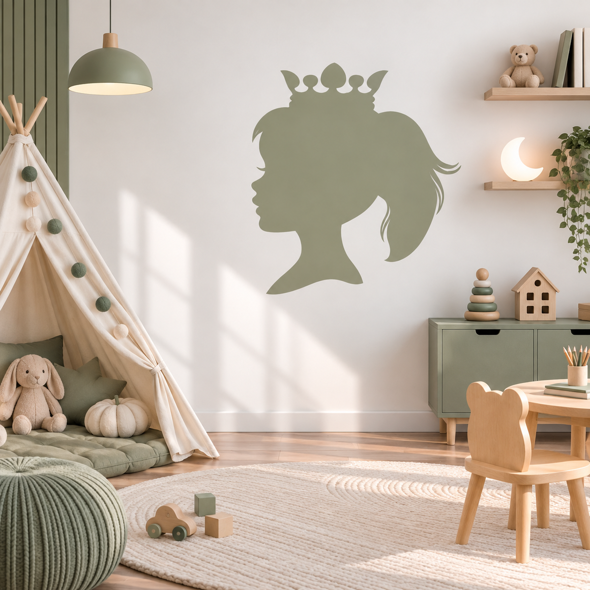 Sage green princess silhouette wall stencil in a modern kids playroom.