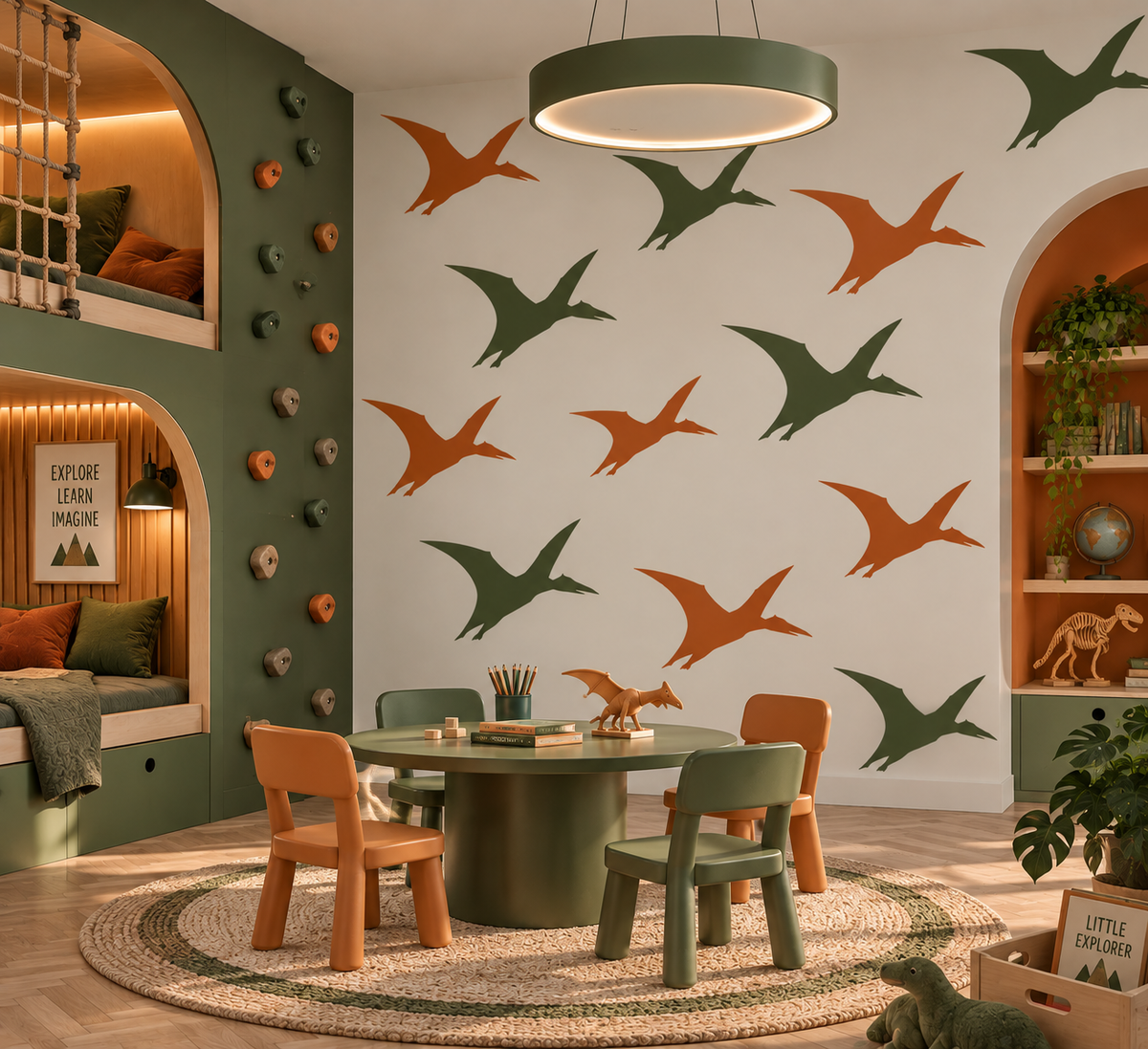 Green and orange Pterodactyl dinosaur stencils painted across a white wall in a modern children’s playroom.