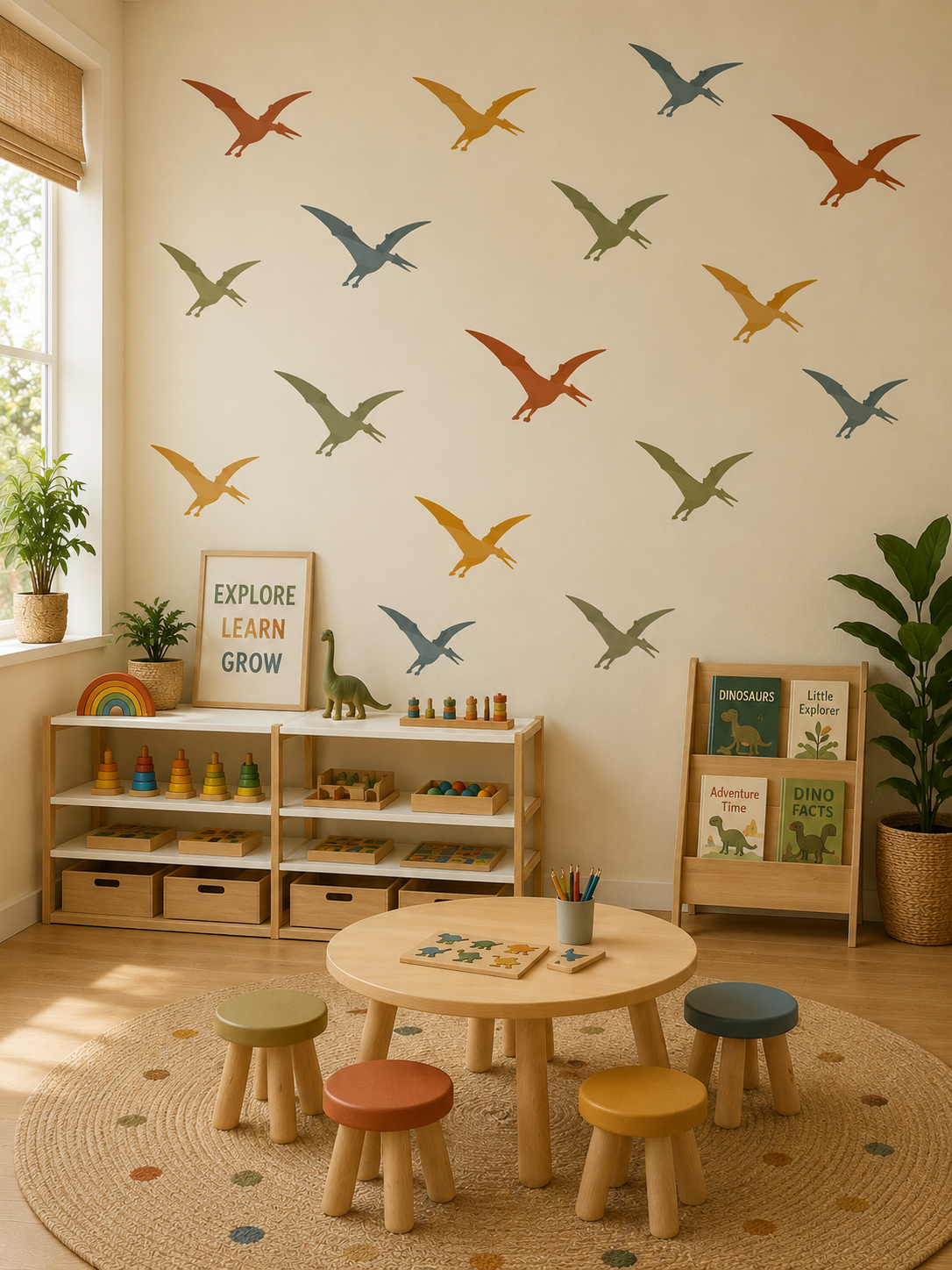 Pterodactyl dinosaur wall stencil decals in muted earth-tone colors decorating a Montessori-inspired playroom with wooden toys, low shelves, kids table, and dinosaur-themed learning decor.