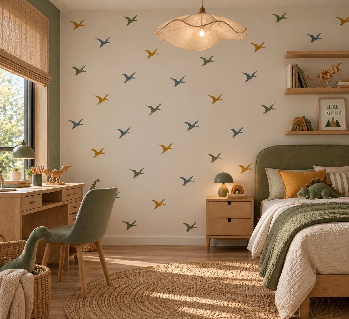 Small pterodactyl stencils in mustard yellow, sage green and blue-gray on a light wall in a cozy modern kids’ bedroom.