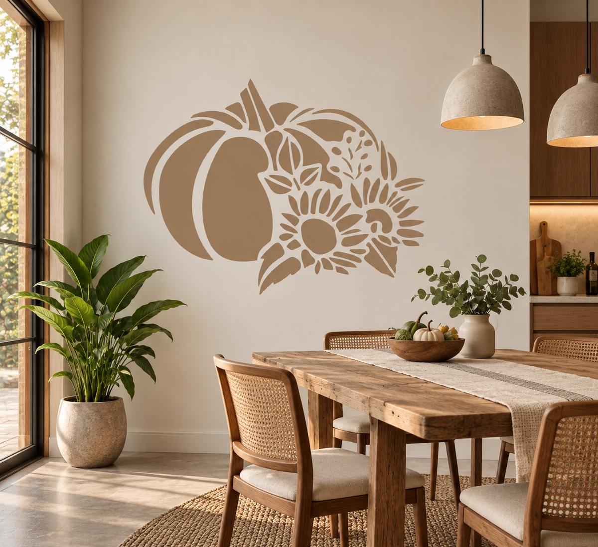 Large pumpkin and sunflower wall stencil in a warm neutral dining room with natural wood furniture.