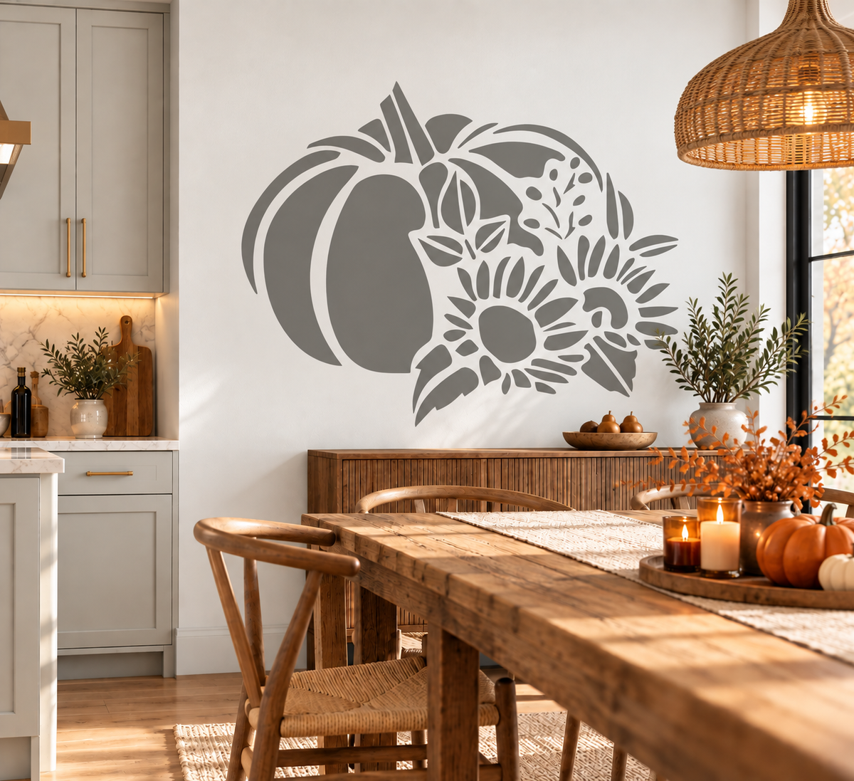 Pumpkin and sunflower fall wall stencil in a cozy modern farmhouse dining room.