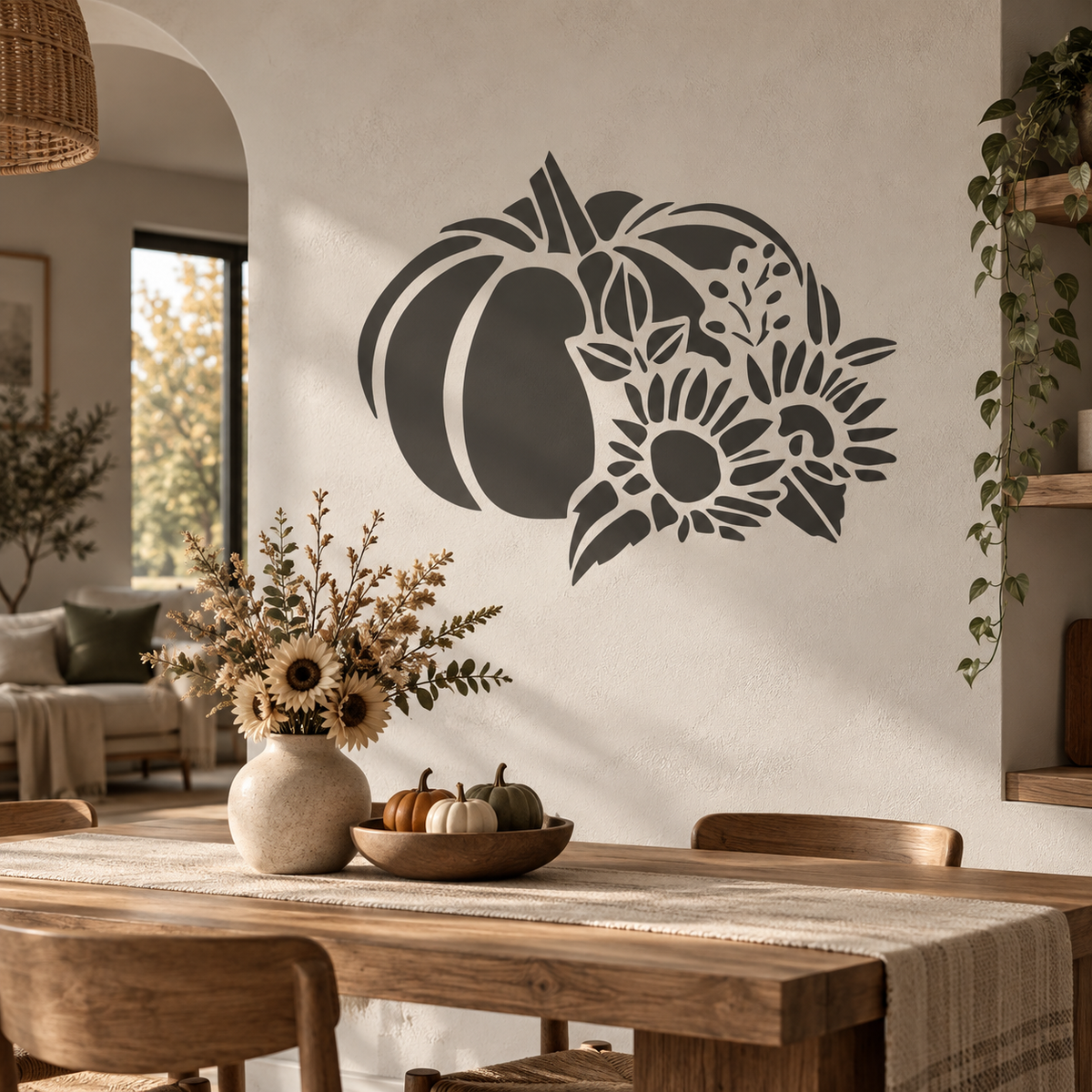 Dark pumpkin and sunflower stencil on a neutral wall in a rustic farmhouse dining space.