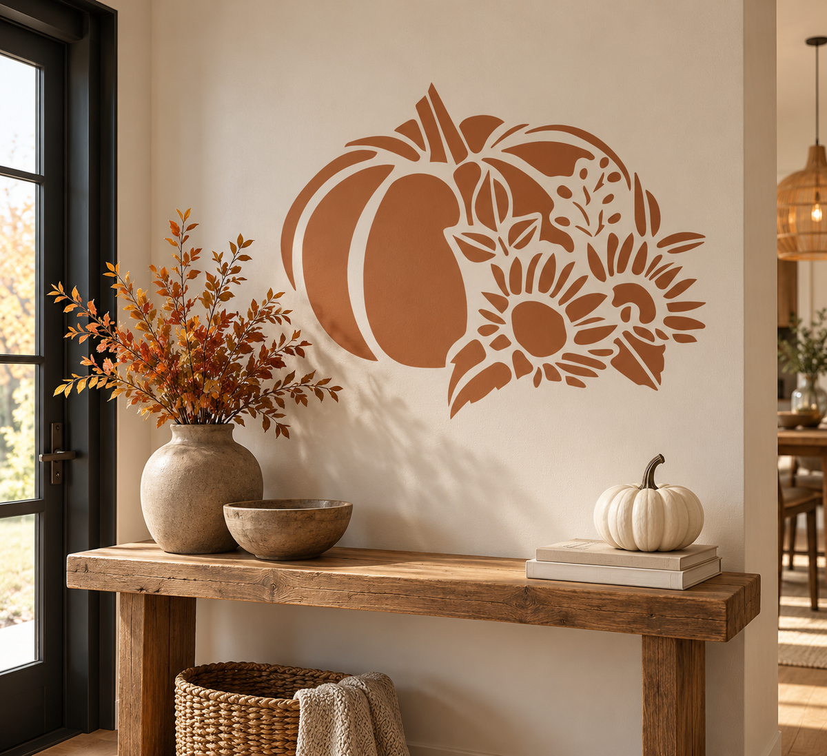 Terracotta pumpkin and sunflower harvest stencil on a warm neutral entryway wall.