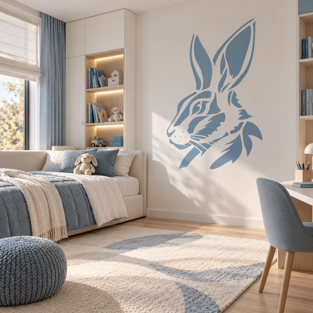 Blue rabbit stencil wall art displayed in a bright modern kids bedroom with soft blue and neutral decor. 