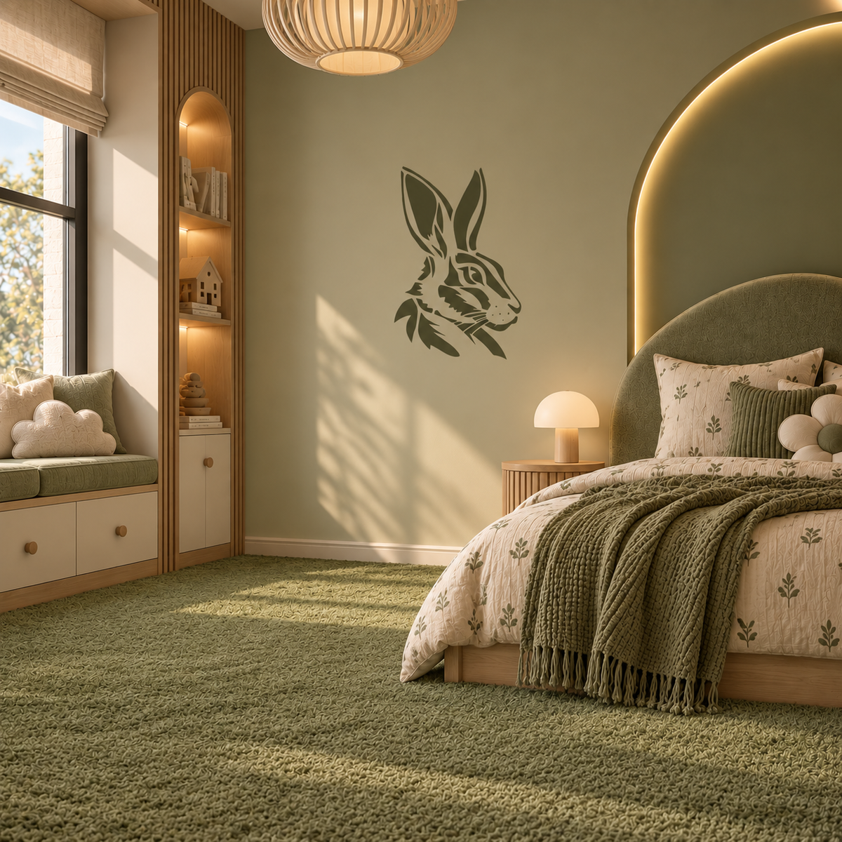 Green rabbit stencil decorating a cozy kids bedroom with natural wood details and warm lighting. 