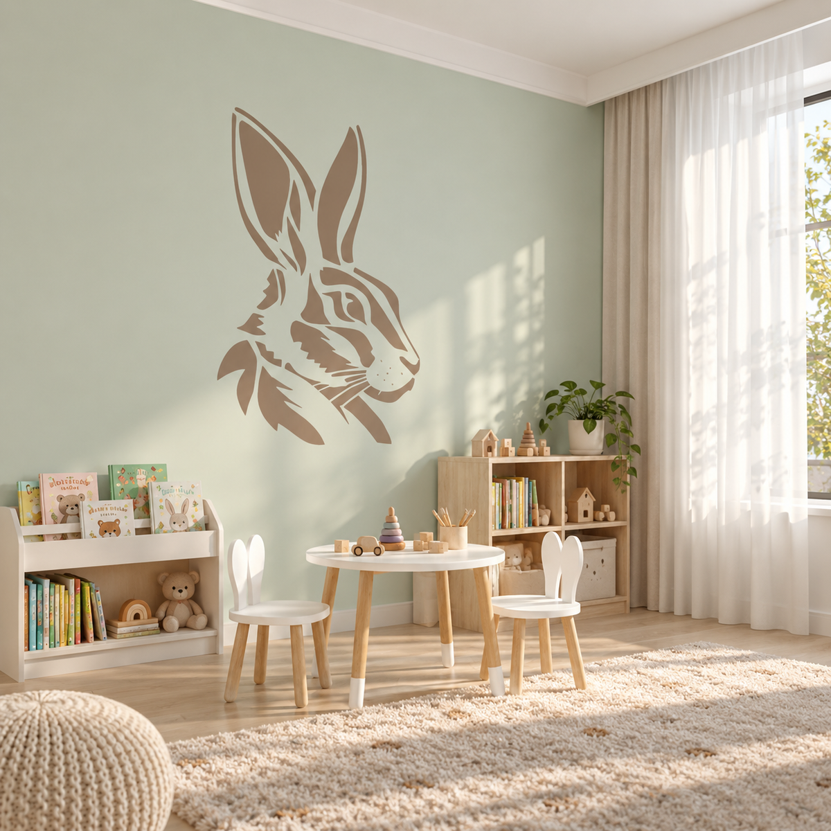 Large rabbit stencil decorating a pastel green wall in a bright kids playroom with wooden furniture and toys.