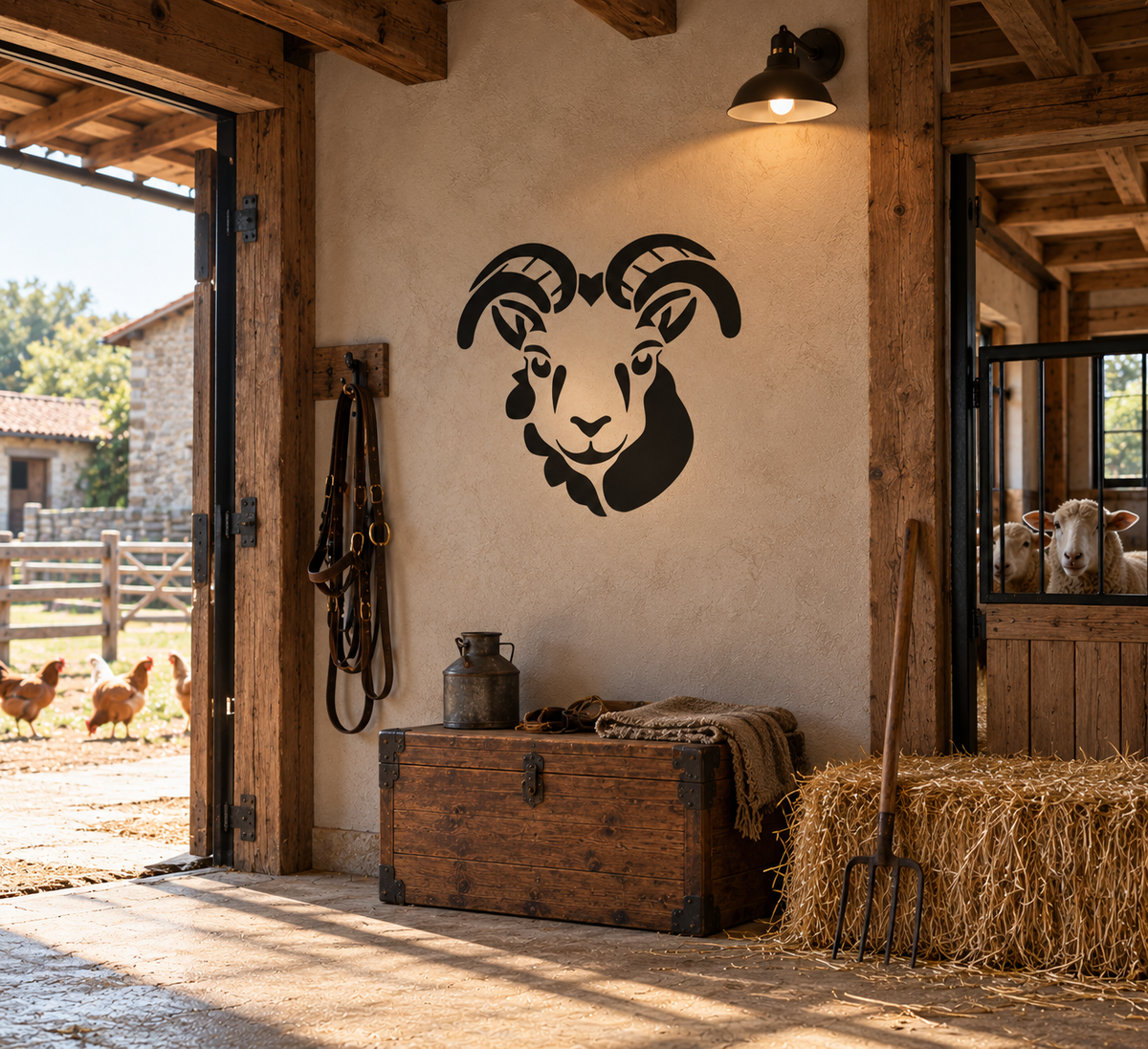 Black ram head stencil on a warm plaster wall inside a rustic farmhouse stable with timber beams and vintage decor.