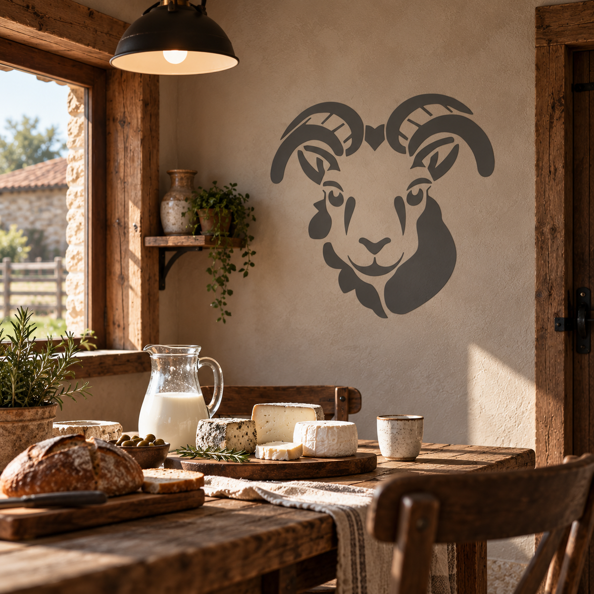 Gray ram head stencil on a textured wall above a rustic wooden dining table with artisan cheese, bread, and farmhouse decor.