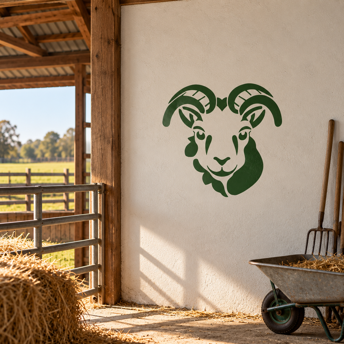Green ram head stencil painted on a textured barn wall beside hay bales, farm tools, and an open countryside view.