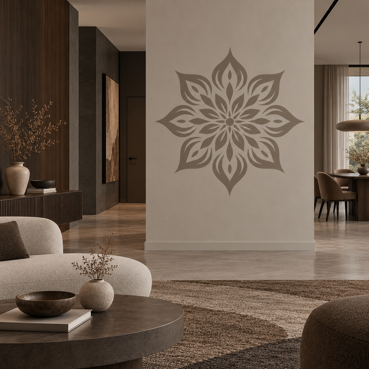Large taupe Rangoli floral wall stencil on a beige accent wall in an elegant modern living room.