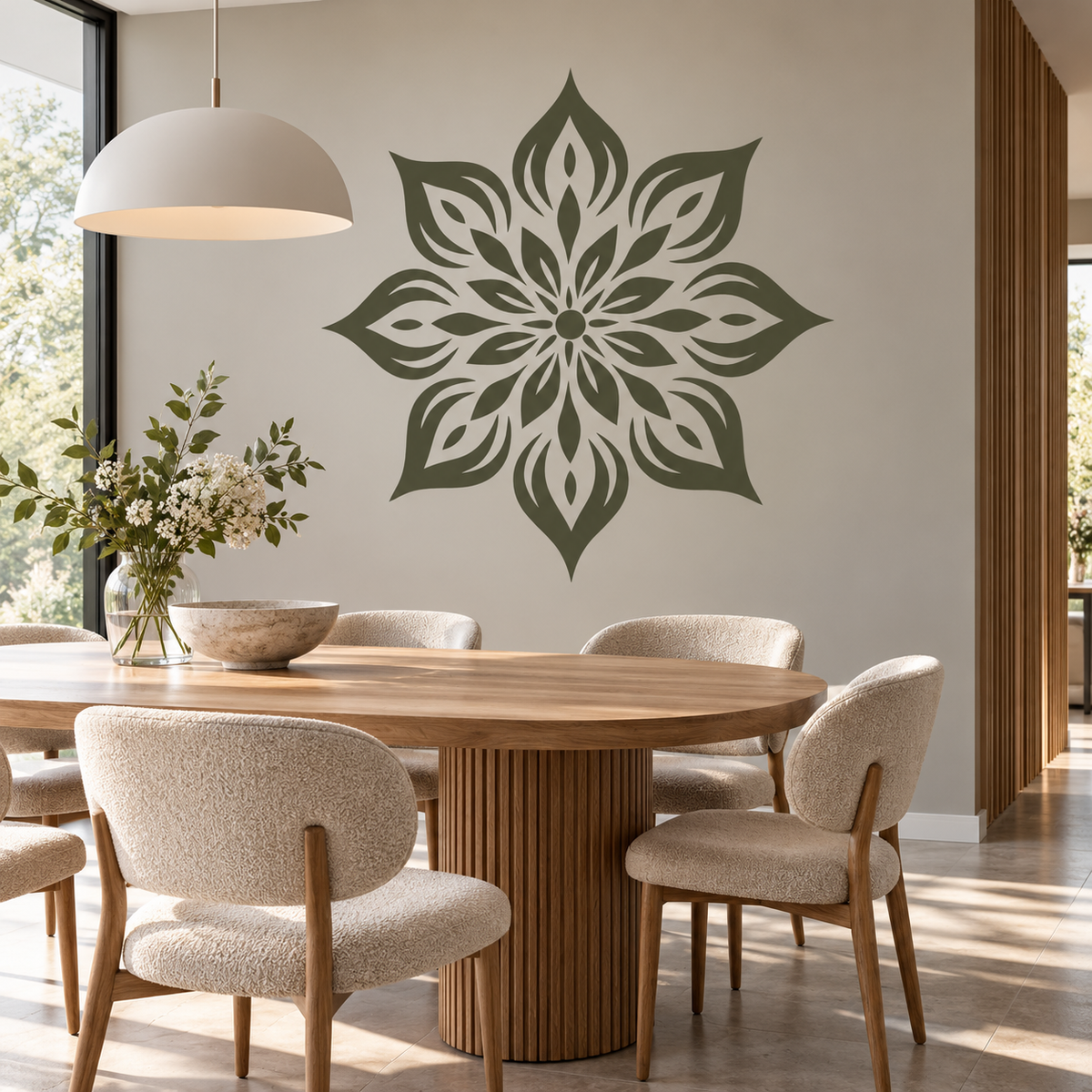 Olive green Rangoli mandala wall stencil above a wooden dining table in a bright contemporary dining room.