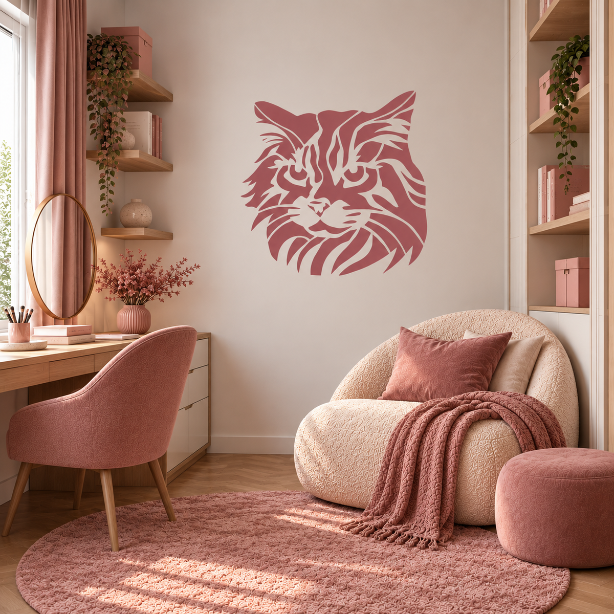 Realistic long-haired cat face stencil in dusty rose on a warm neutral wall in a cozy pink bedroom reading nook.