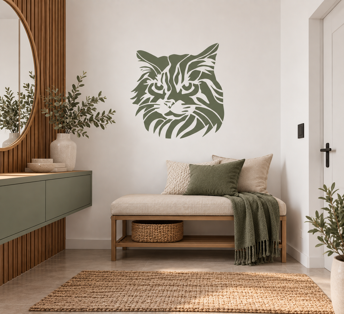 Realistic cat face stencil in muted sage green on a white entryway wall with natural wood, greenery, and neutral decor.