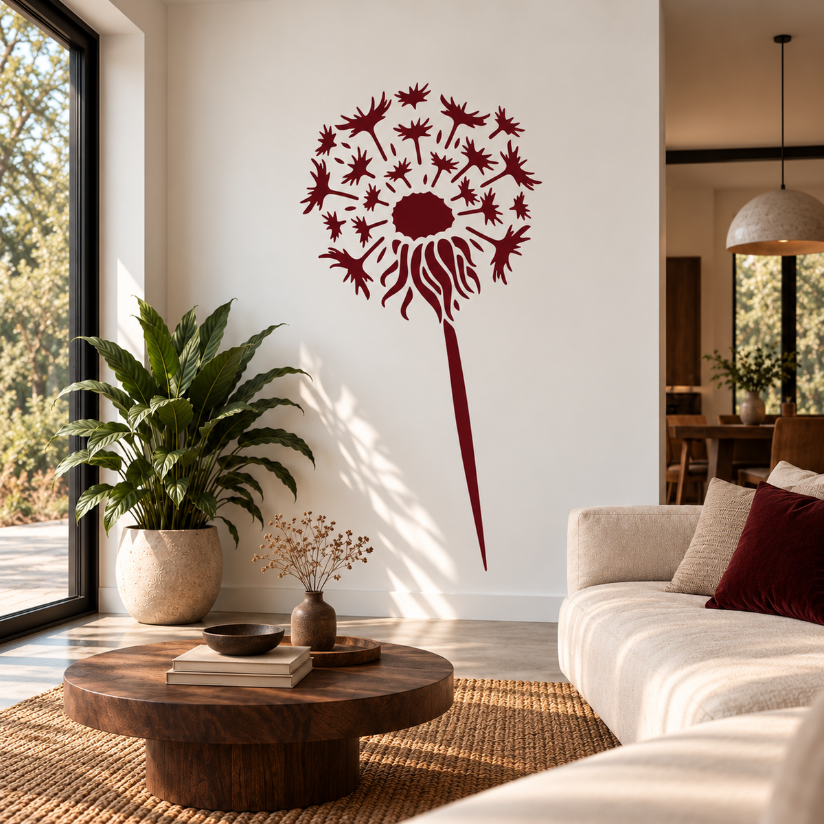 Large red dandelion wall stencil in a warm modern living room with natural wood decor.