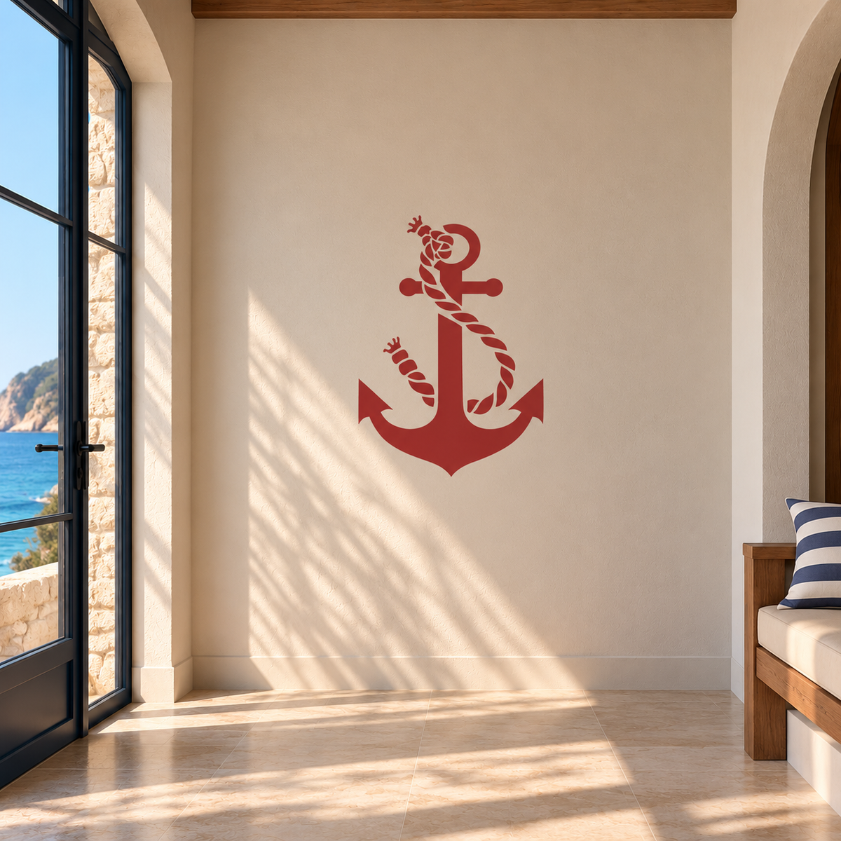 Red Anchor with Twisted Rope Stencil on a cream wall in a beach house interior with ocean views and nautical-inspired decor.