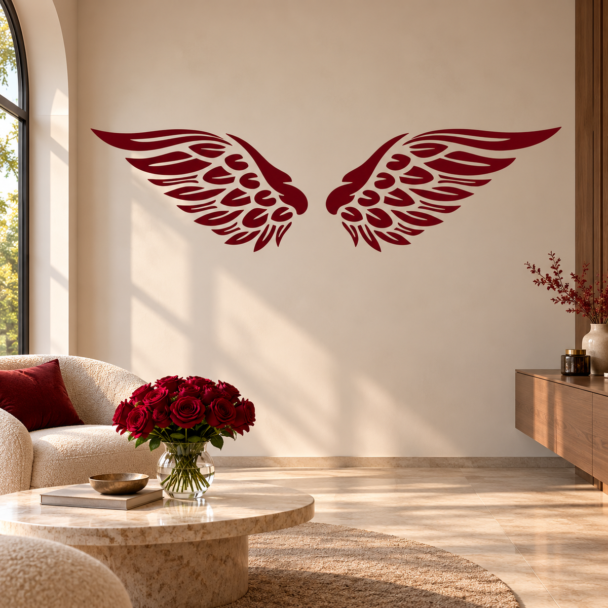 Red Spirit Wings Stencil featuring a pair of stylized angel wings on a warm beige wall, creating striking decorative wall art in an elegant living room.
