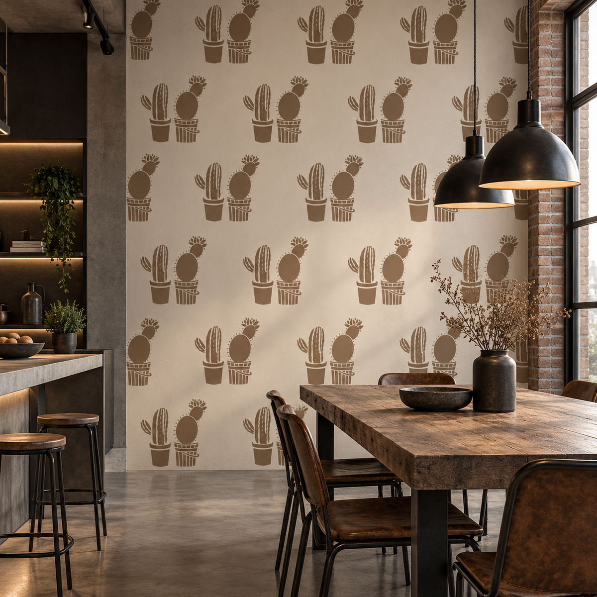 Repeating cacti wall pattern creating a bold botanical feature wall in an industrial dining room.