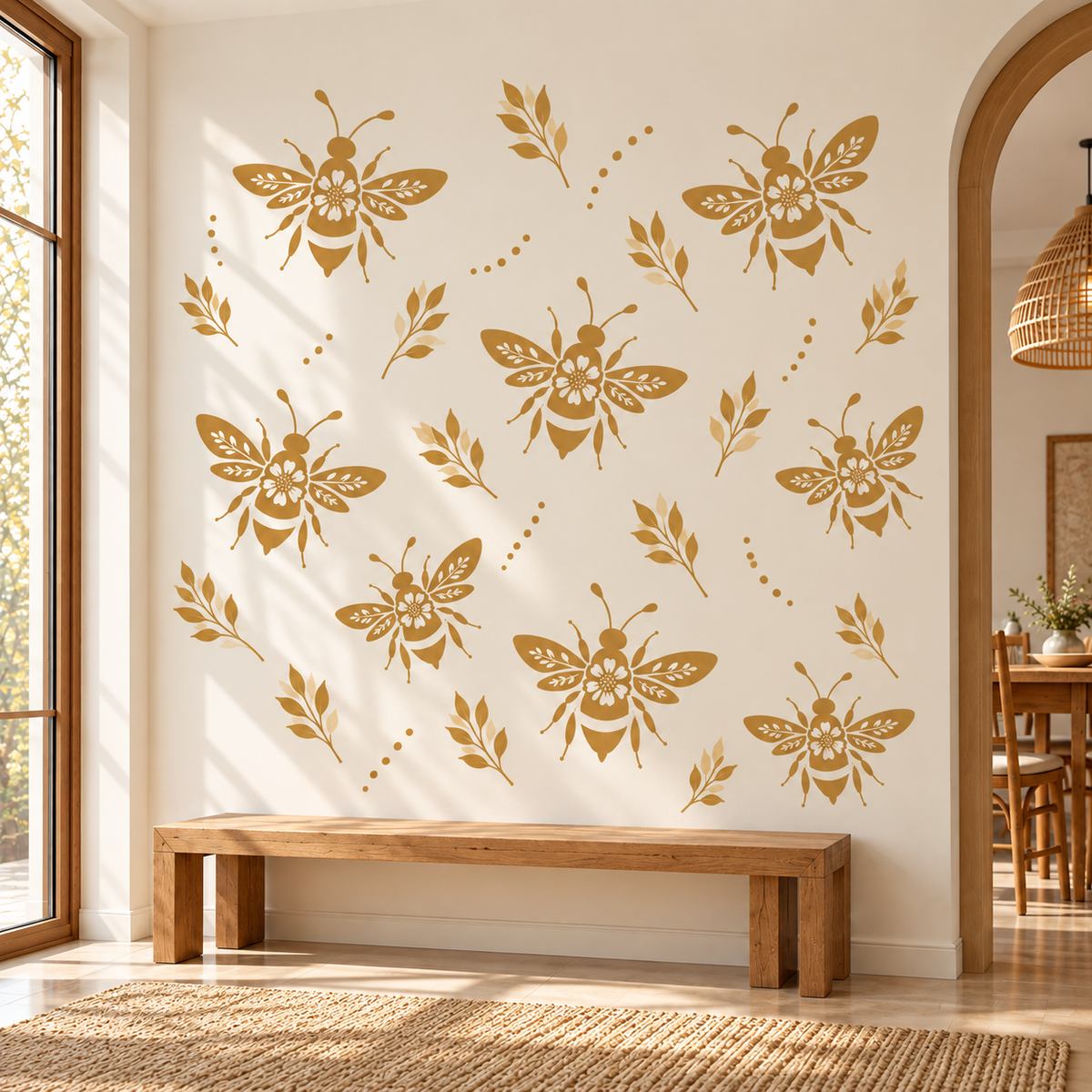 Reusable bee stencil in warm mustard with leafy botanical accents, creating a cheerful feature wall above a natural wood bench.