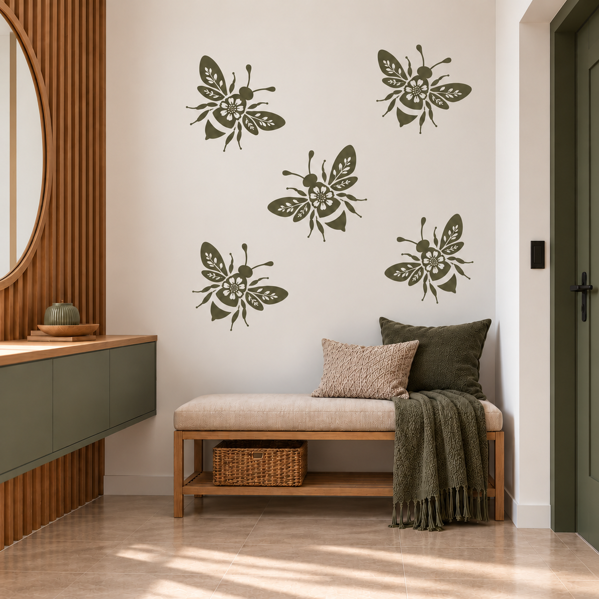 Floral bee stencil pattern in muted olive green on a white wall, paired with a wooden bench and earthy modern entryway decor.