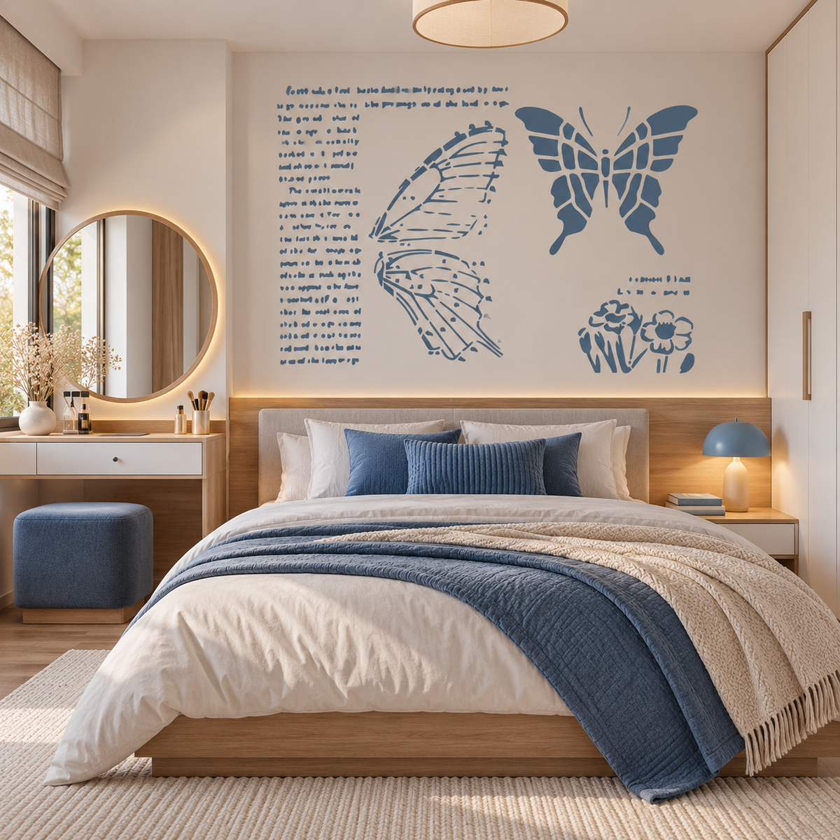 Blue reusable butterfly script stencil decorating a bright modern bedroom wall above a wooden bed.