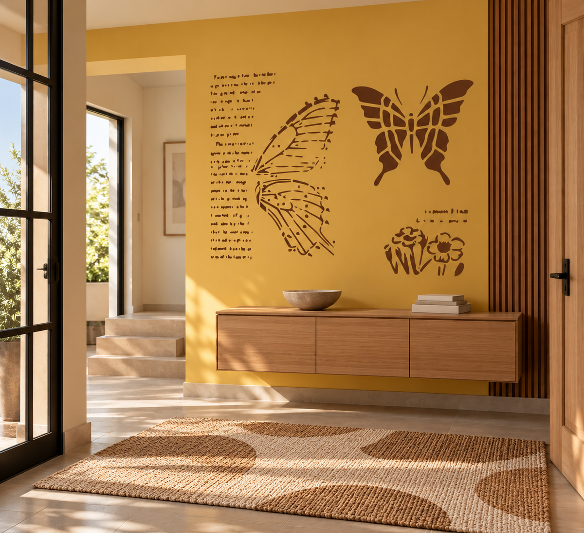 Reusable butterfly script stencil painted in dark brown on a mustard yellow entryway wall with modern wood furniture.
