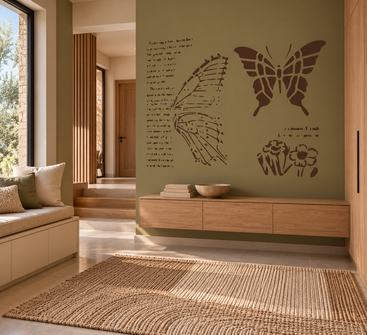 Reusable butterfly script stencil painted in dark brown on an olive green entryway wall with botanical and wing details.