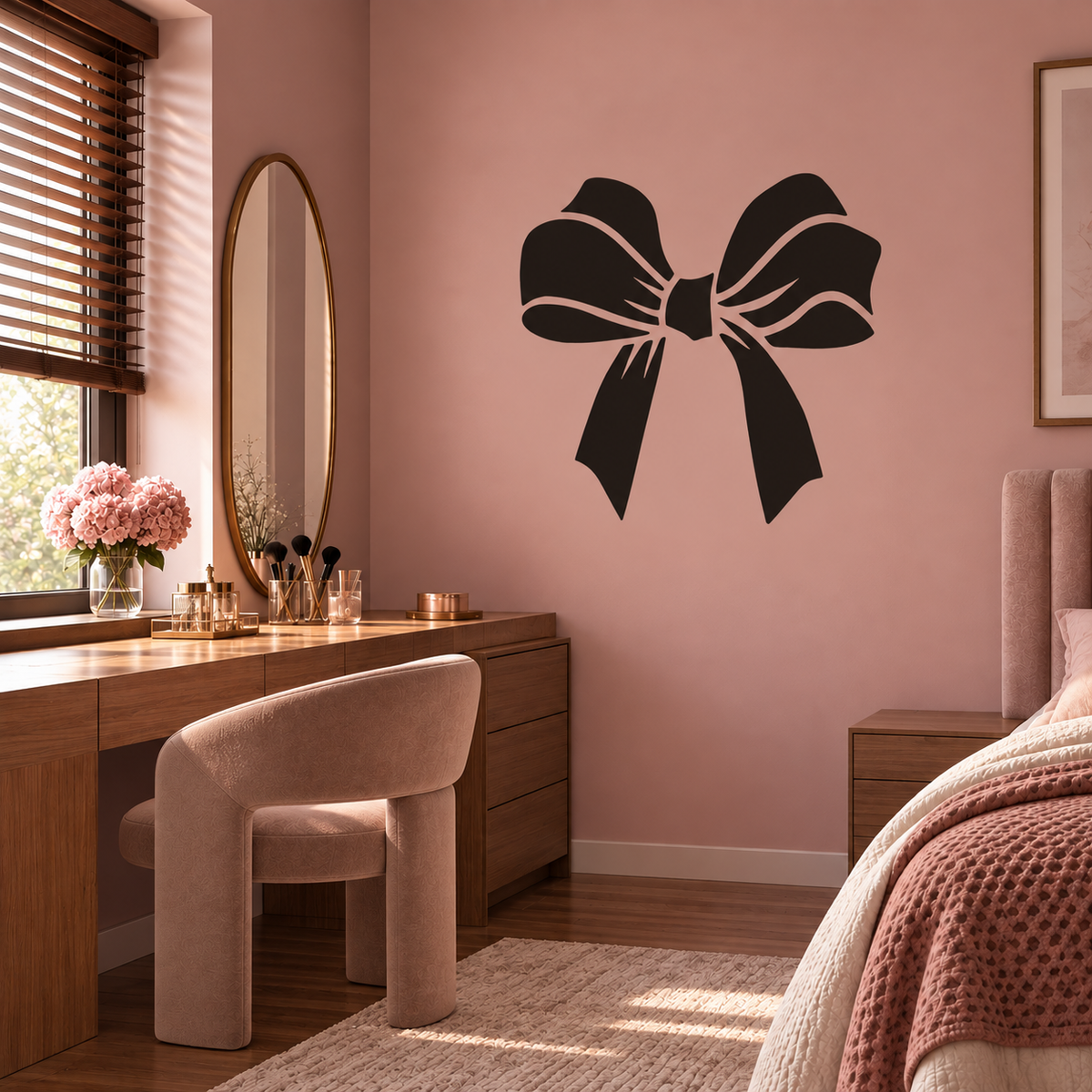 Ribbon Bow Stencil in black on a soft pink wall above a wooden dressing table in a cozy bedroom.