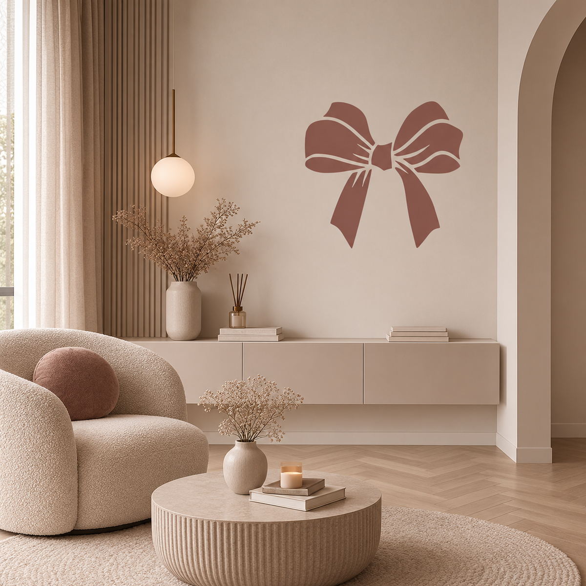 Ribbon Bow Stencil in mauve pink on a cream wall in an elegant living room with soft neutral furniture.