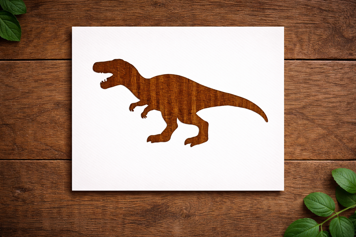 Roaring Tyrannosaurus Rex dinosaur stencil design on white stencil sheet placed on wooden background.