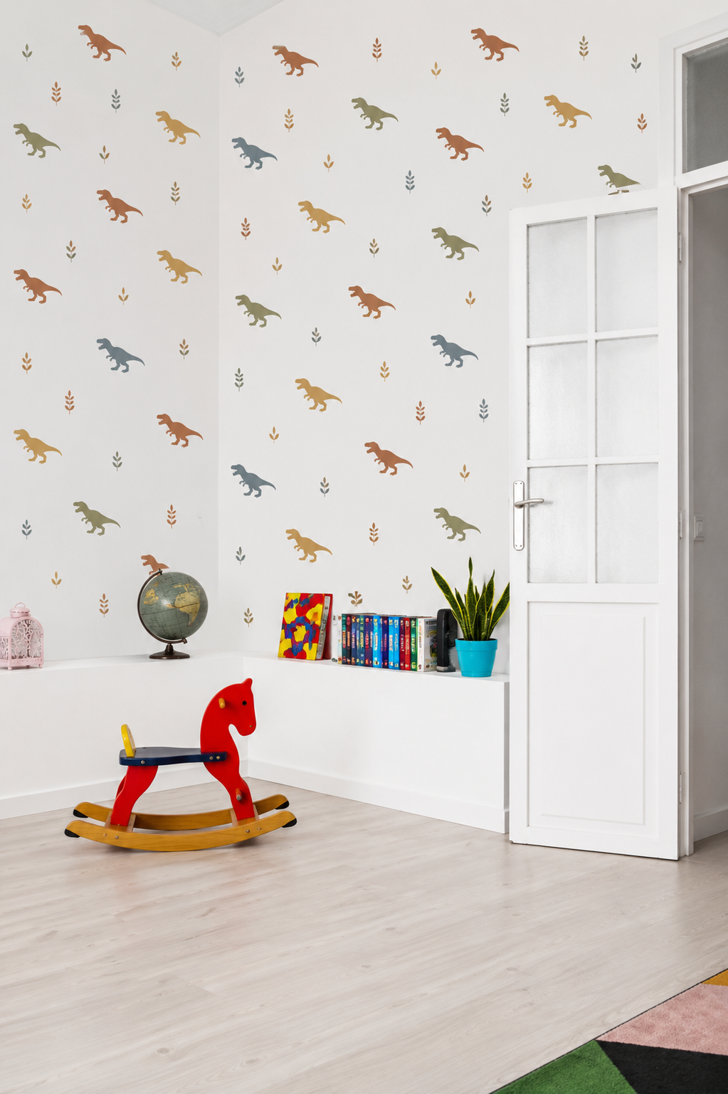 Roaring T-Rex dinosaur stencil pattern painted across nursery and playroom walls in soft earthy colors with minimalist Scandinavian kids room decor, colorful toy accents, and prehistoric-themed wall art.