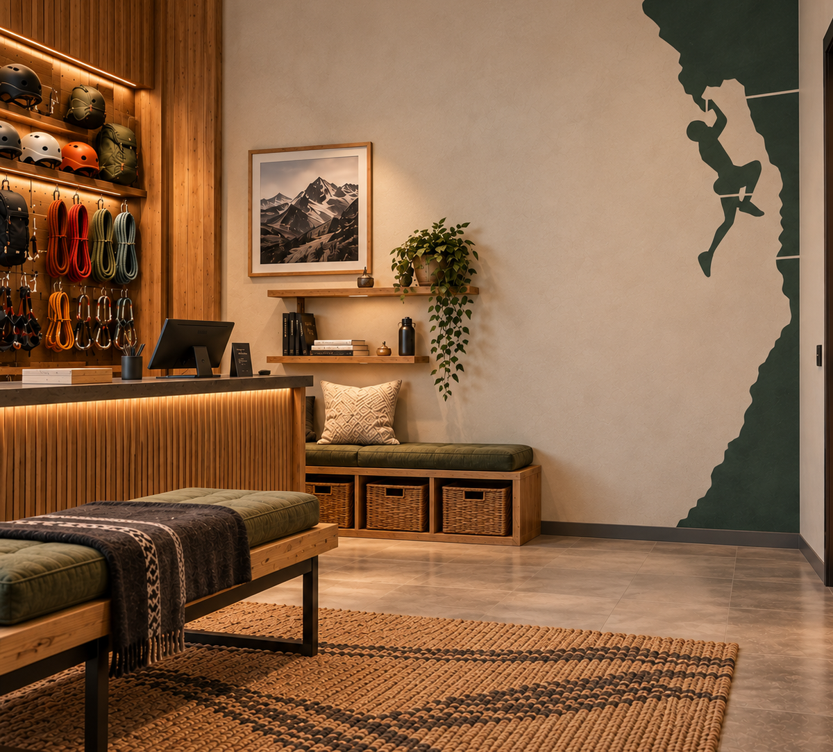 Rock climber wall stencil in a modern climbing gym reception area with wooden interiors and climbing equipment.