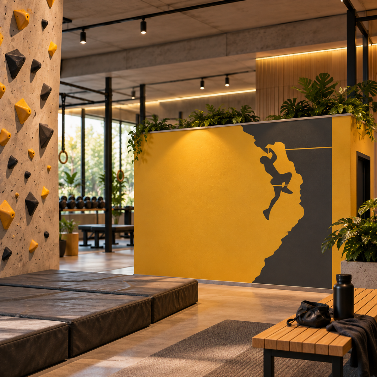 Rock climber wall stencil on a yellow feature wall in a modern indoor climbing gym.