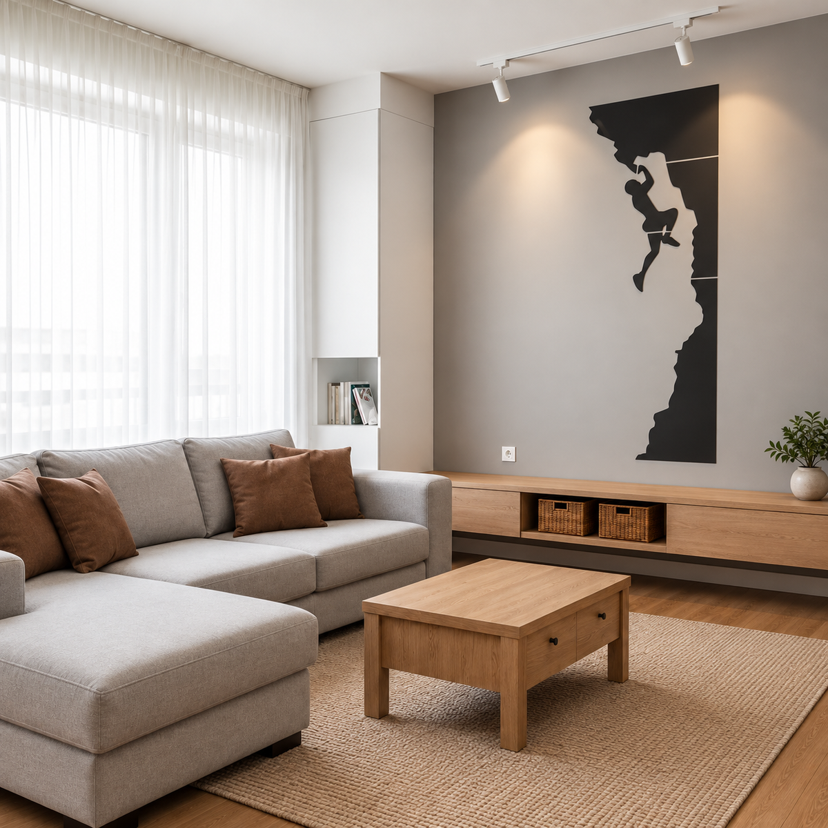 Black rock climbing silhouette stencil on a gray feature wall in a bright minimalist living room.