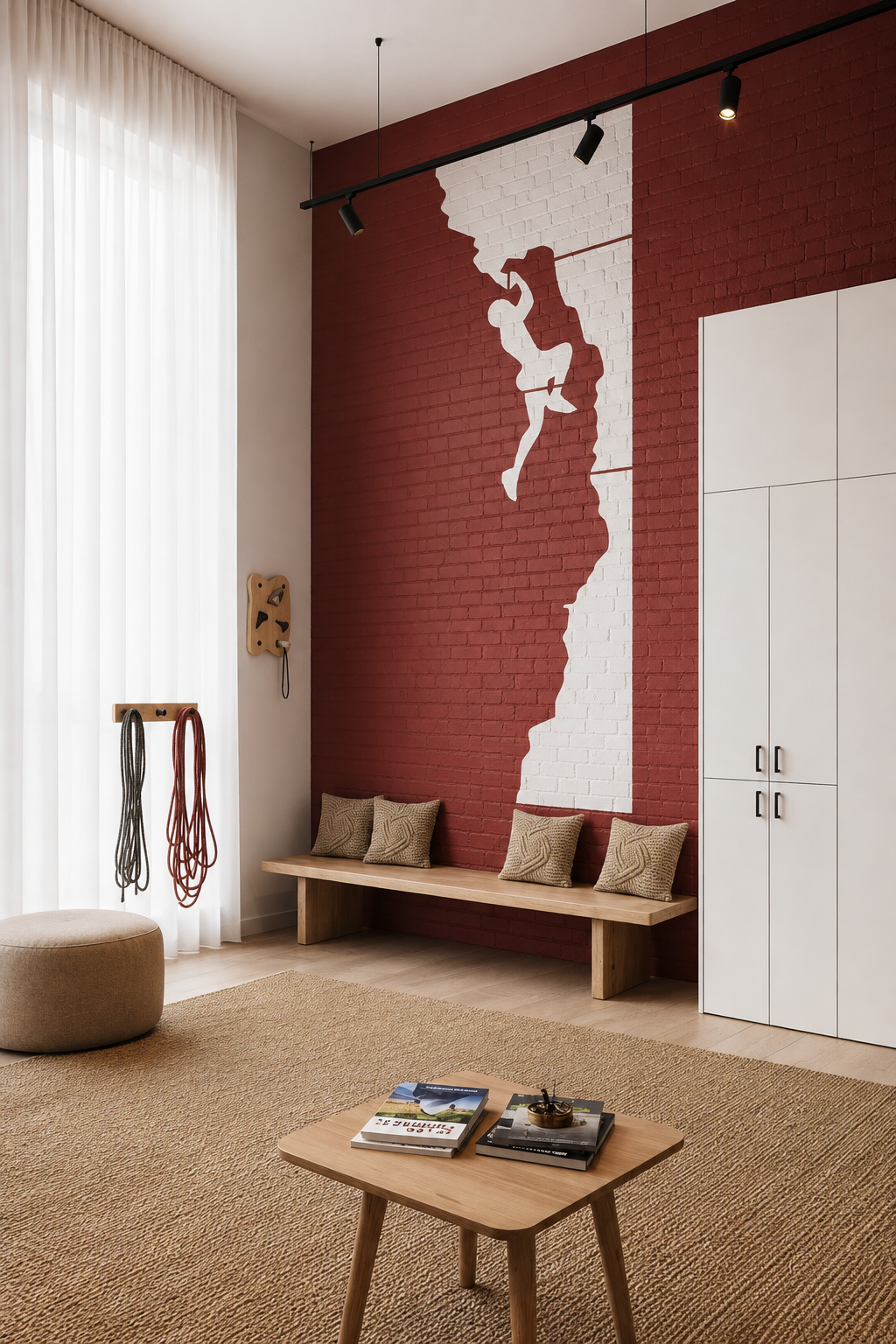 Rock climbing wall stencil featuring a climber silhouette on a bold brick accent wall in a modern interior.