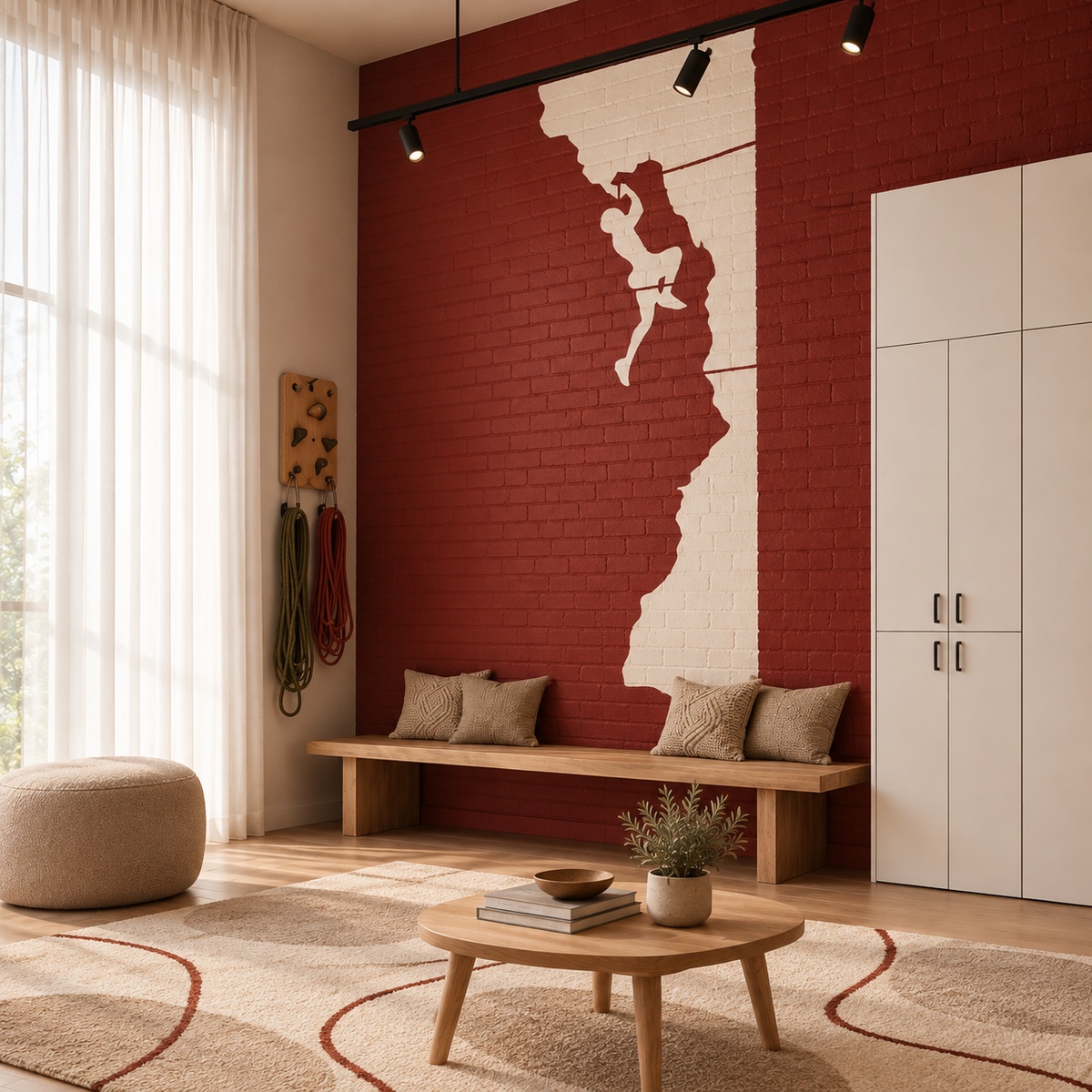 Rock climber silhouette stencil on a red brick feature wall in a warm modern living room.